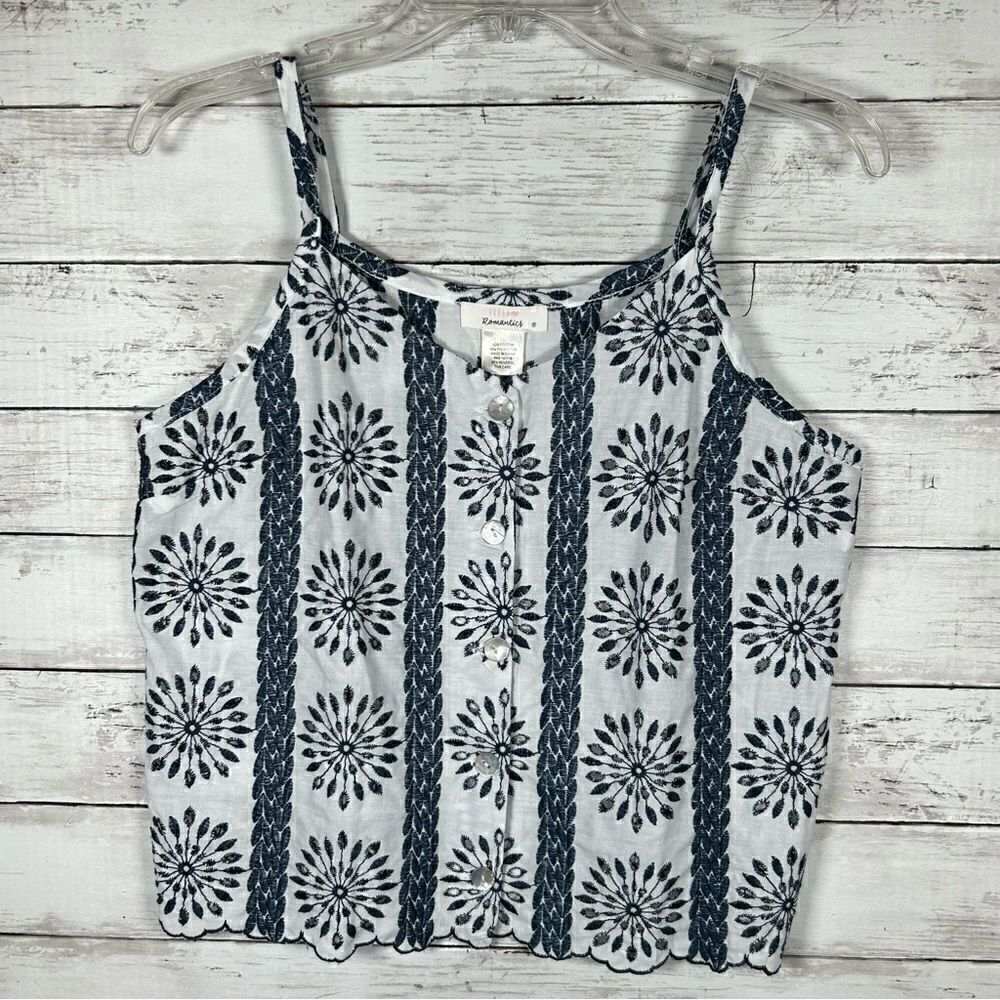Urban Romantics White and Navy Eyelet Spaghetti Strap Button Down Top size M
